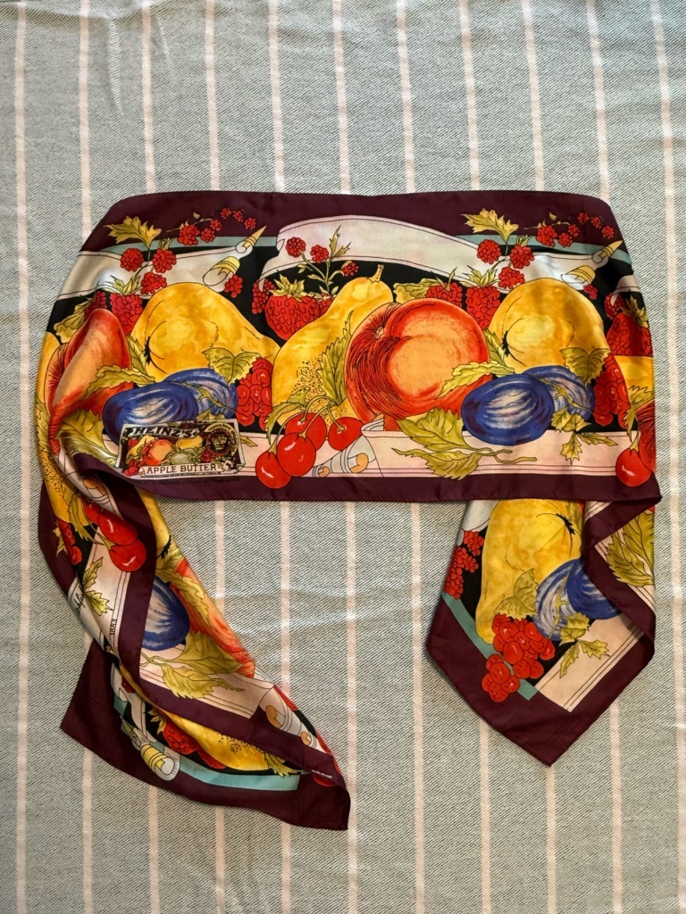 VTG June Critchfield silk scarf, fruit print, Heinz's Apple Butter 1989 drawing